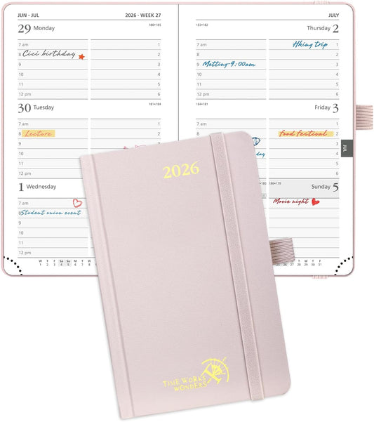 POPRUN 2026 Planner (Pocket Size 4''x 6.25'' Hardcover) - Small Calendar for Purse with Hourly Schedule & Vertical Weekly Layout, Monthly Calendars, 100 GSM - Light Pink