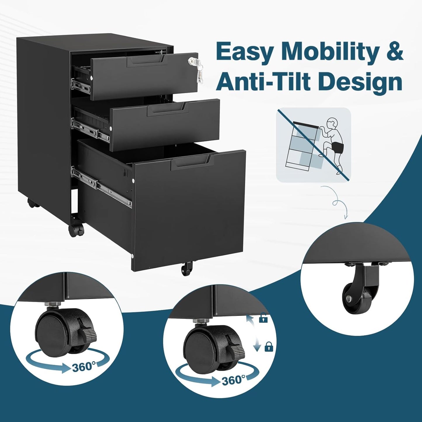 MIIIKO 3 Drawer Filing Cabinet with Lock, Metal Black Vertical File Cabinets for Home Office, Full Assembled File Cabinets Under Desk, Letter/Legal/A4 File Folders Storage