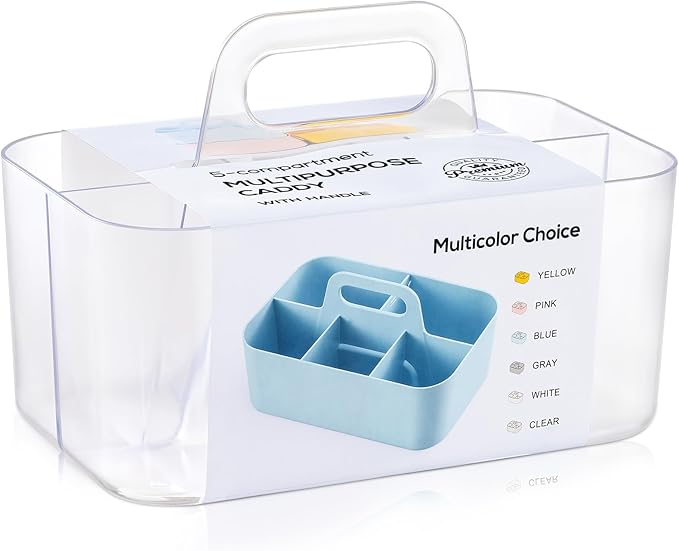 Multiuse Caddy Organizer with Handle - Stackable Plastic Bin - Divided Storage Tote Holder for Art Craft Supplies, Makeup, Bathroom, Shower, Cleaning, Kitchen, Office, Dorm, Desktop - Frosted Clear