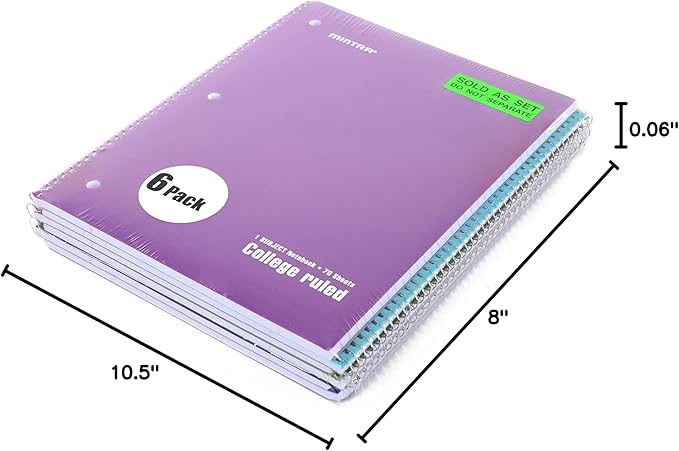 Mintra Office Spiral Notebooks - 1 Subject, 70 Sheets, College Ruled, 8in x 10in, Bulk Pack, PRIMARY Color Covers, Set of 6 - for School, Office, Business, Professional (4657)
