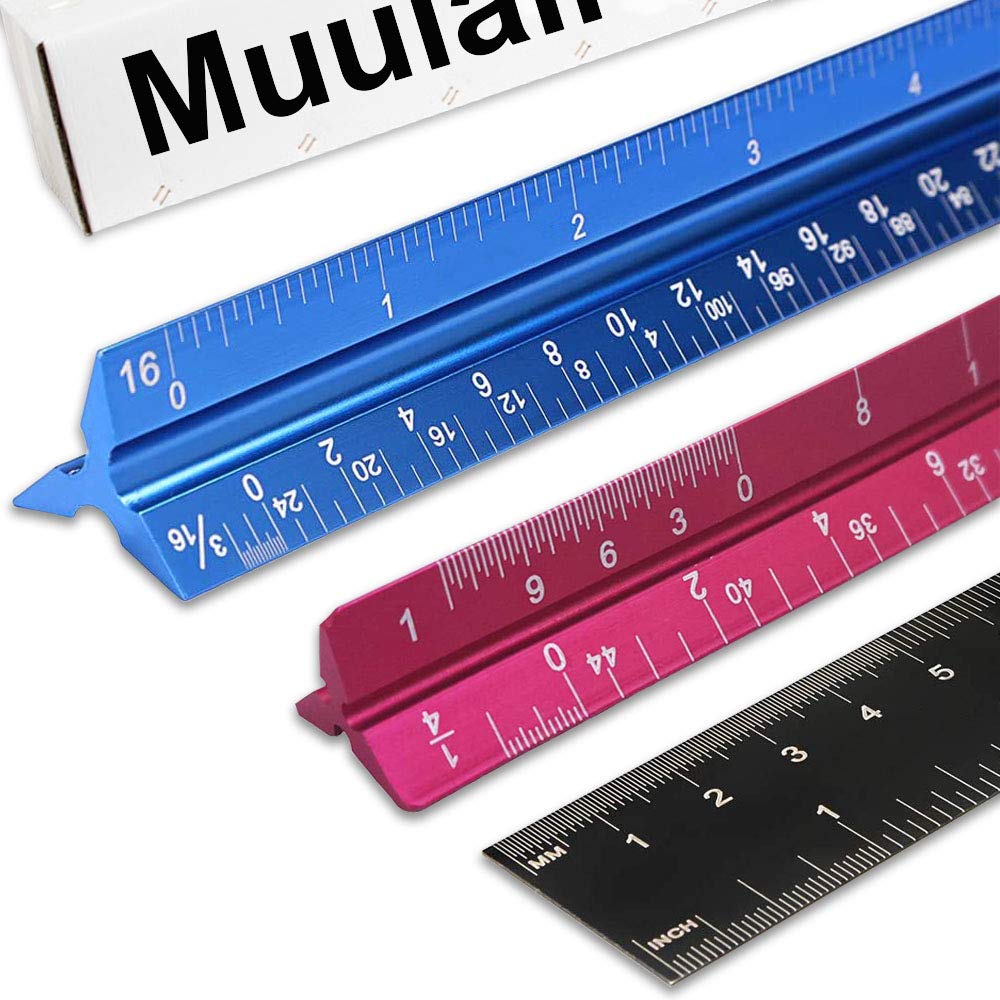 Set of 3 Aluminum Engineering Scale Metal Ruler Set, Architectural Scale Rulers 12 Inch and 6 Inch Triangle Ruler and 12 Inch Straight Edge Ruler Drafting Tools for Architects, Draftsman