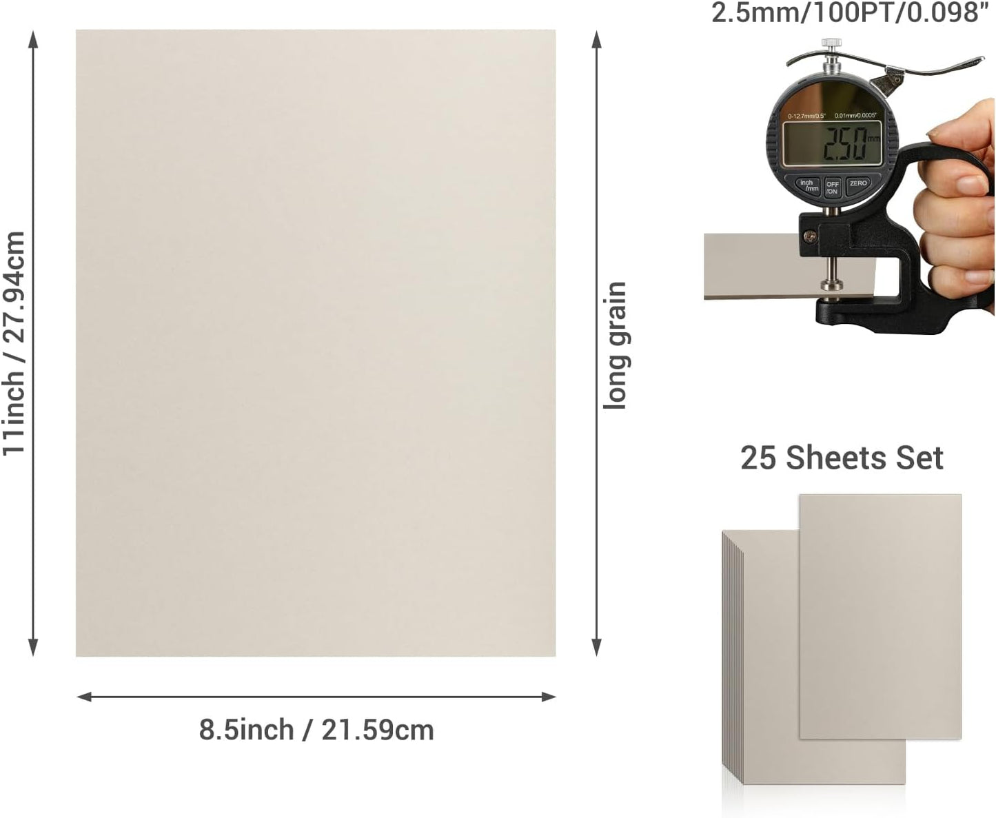 25 Pcs Book Board, Binder Board, Cover Board, Heavy Duty Chipboard for Book Binding, DIY Cardboard (Gray, 8.5 x 11 Inch 100PT)