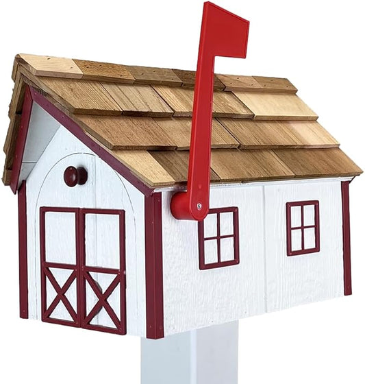 Peaceful Classics Amish Cedar Roof Wooden Mailbox with Window & Door Trim, Handcrafted Mailboxes for Outside, Post Mount Residential Mailboxes - (White with Burgundy Trim)