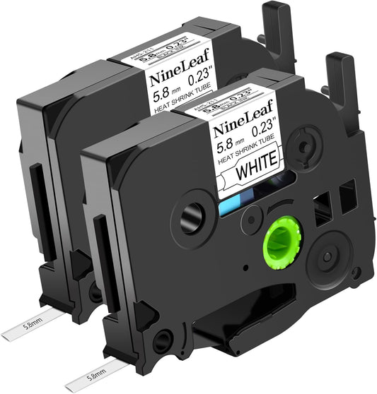 NineLeaf 2 Roll Black on White Heat Shrink Tubes Label Tape Compatible for Brother HSe-211 HSe211 HS211 HS-211 for P-Touch PT-7600 PT-D800W PT-H500 Label Maker - 5.8mm (0.23inch) x 1.5m (4.92ft)