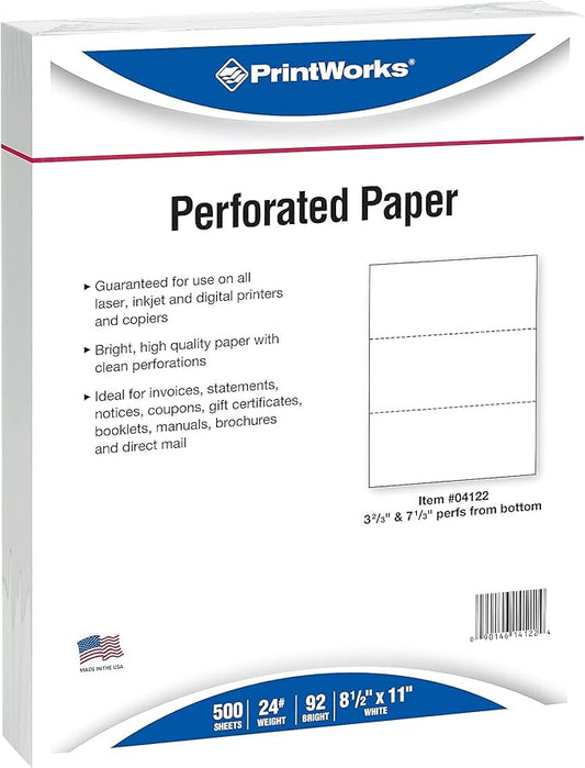 PrintWorks Professional Perforated Paper for Statements, Invoices, Gift Certificates, Coupons and More, 8.5 x 11, 24 lb, 2 Horizontal Perfs 3 2/3" and 7 1/3" From Bottom, 2500 Sheets, White (04122C)