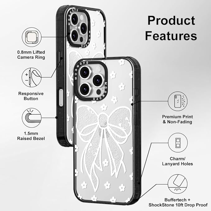 MOSNOVO Case for iPhone 16 Pro Max, [10ft 4X Military-Grade Drop Protection] Durable & Shockproof Phone Case Cover Design for iPhone 16 Pro Max - Lacey Bow - Clear Black