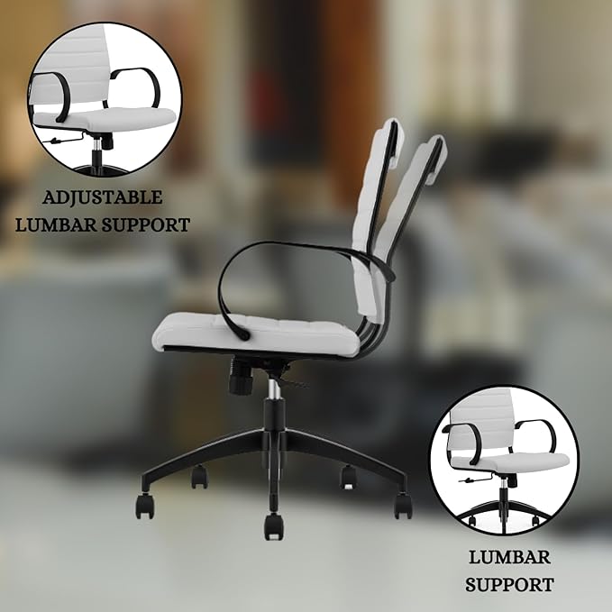 Ribbed Mid Back Conference Room Chairs - Lumbar Support, Modern Executive Home Office Chair - White Leather Seat & Black Aluminum Frame
