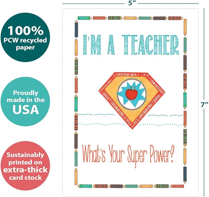 Tree-Free Greetings Teacher Appreciation Cards - Artful Designs - 2 Cards + Matching Envelopes - Made in USA - 100% Recycled Paper - 5"x7" - Lighthearted, For Teacher, Teacher Super Power (GT64453)