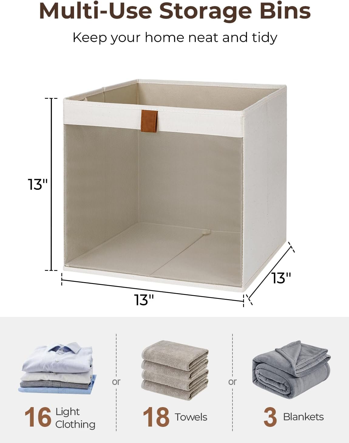 StorageWorks 13x13 Storage Cubes, Closet Storage Bins with Clear Window, Large Fabric Organizer for Clothes, Collapsible Storage Baskets with PU Handles, Beige, 3-Pack