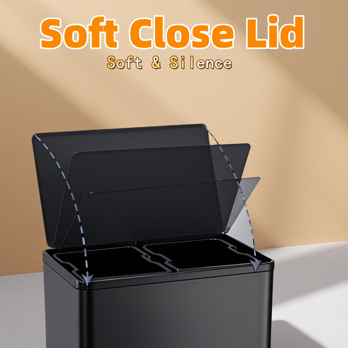 Dual Trash Can with Lid, 16 Gallon/60L Stainless Steel Recycling Trash Bin with 2 Removable Waste Buskets and Wide Pedal, Black Garbage Bin for Home Kitchen