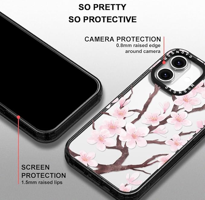 MOSNOVO Case for iPhone 16, [10ft 4X Military-Grade Drop Protection] Durable & Shockproof Phone Case Cover Design for iPhone 16 - Cherry Blossom - Clear Black