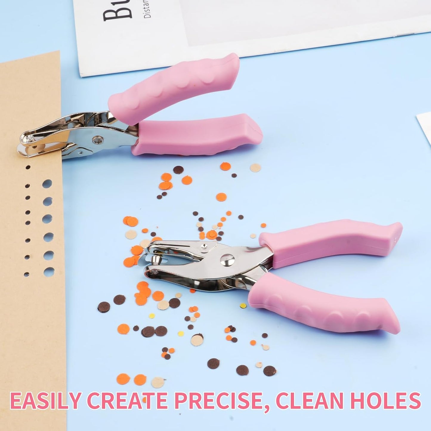 Single Hole Punch, 2 Pcs Hand Hole Puncher with Soft Grip Handle, 1/4" and 1/8" Small Hole Paper Punch for Crafts, Scrapbooks, 6 Sheets Capacity, Tags, Tickets - Pink
