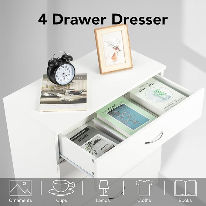Karl home 4 Drawer Dresser for Bedroom, Small Chests of Drawers Modern Nightstand, White Dresser Chest with 4 Storage Drawers, Dressers for Nursery, Hallway, Living Room, Closet