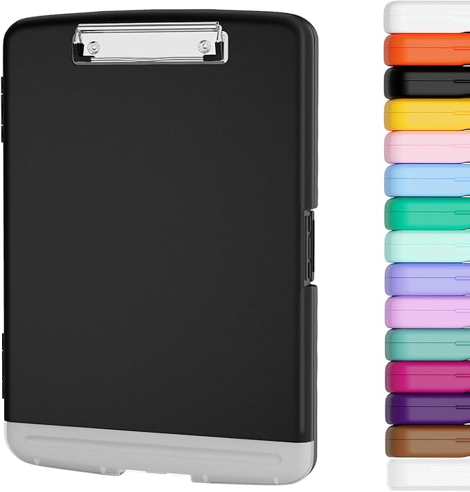 Piasoenc Clipboard with Storage, 8.5 x 11 Organization Box with Pen Holder and A4 Legal Paper Folder, Heavy Duty Plastic, Folio & Side-Opening, Low Profile Clip for Nurses, Teachers, Lawers, Black