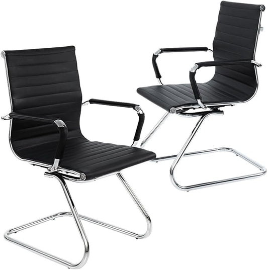 Reception Chairs No Wheels Leather Conference Chair Heavy Duty Back Support Office Guest Chair, Set of 2 (Black)