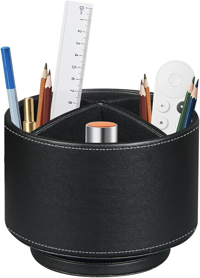 Fanousy 360° Rotating Pen Holder for Desk, Leather Pencil Pen Organizer Remote Control Holder Table Desktop Nightstand Organizer Caddy Storage, Office Desk Organizers And Accessories 5.5x5.5x4.0 Inch