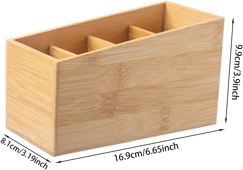 Bamboo Wood Pens Pencils Holder Cup for Desk Remote Control Holder, Caddy,Organizer,Desktop Storage with 4 Compartments,Multiuse for Store TV Remotes,Game Console,Phones,Office Supplies (4 Grid)