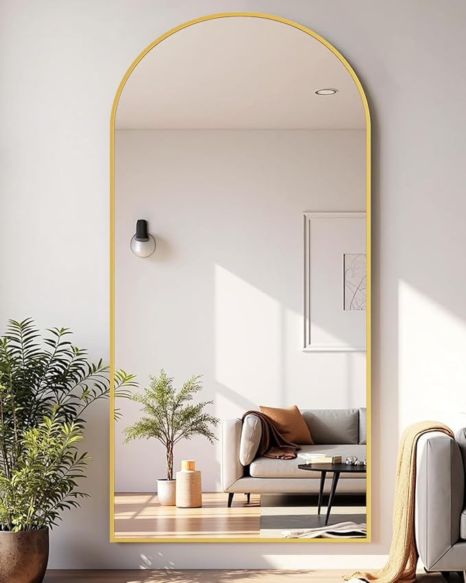 Full-Length Floor Mirror with Stand, 76"x34" Arched Style Full Body Standing Mirror for Bedroom, Living Room, Gym, Dorm - Shatter-Resistant & Easy Assembly, Gold