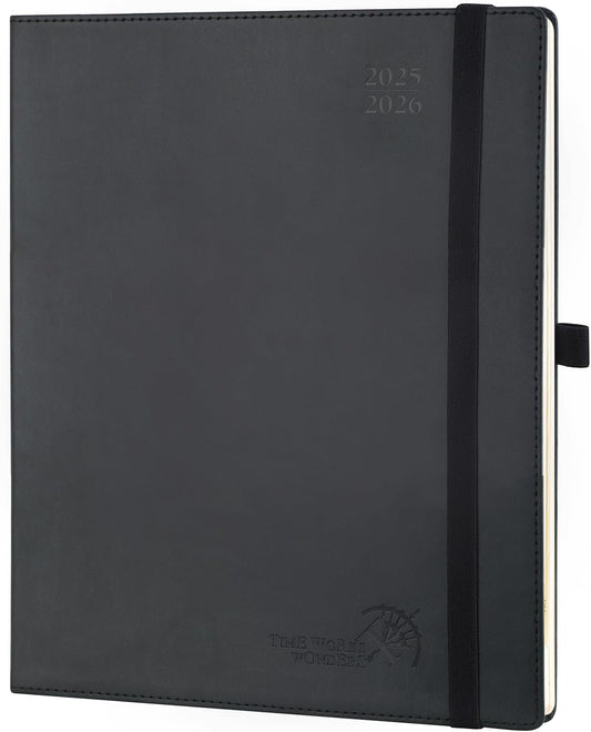 POPRUN Planner 2025-2026 (Large - 8.5'' x 10.5'') Academic Weekly Calendar (July 2025 - June 2026) with Hourly Time Slots, Monthly Tabs, 100GSM Thick Papers, Leather Soft Cover - Black