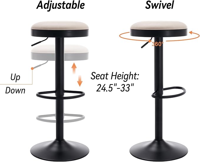Round Swivel Counter Height Bar Stools Set of 1 Modern Adjustable Barstools Backless PU Leather Bar Chairs Industrial Island Chairs with Metal Base/Footrest for Kitchen Island/Pub, Beige