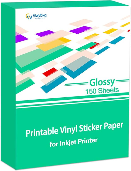 Gwybkq Glossy Printable Vinyl Sticker Paper for Inkjet Printer 150 Sheets 8.5"x11" Adhesive White Labels Decal Papers