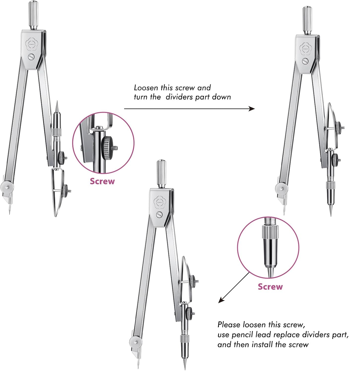 EBOOT Student Geometry Math Set, Drawing Compass and 6 Inch Swing Arm Protractor 180 Degree Math Protractor (Pink)