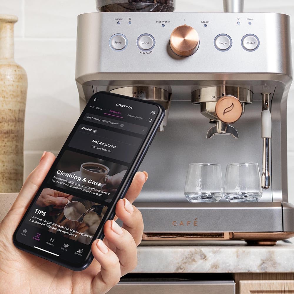 Café Bellissimo Semi Automatic Espresso Machine + Milk Frother | WiFi Connected, Smart Kitchen Essentials | Built-In Bean Grinder, 15-Bar Pump & 95-Ounce Water Reservoir | Steel Silver