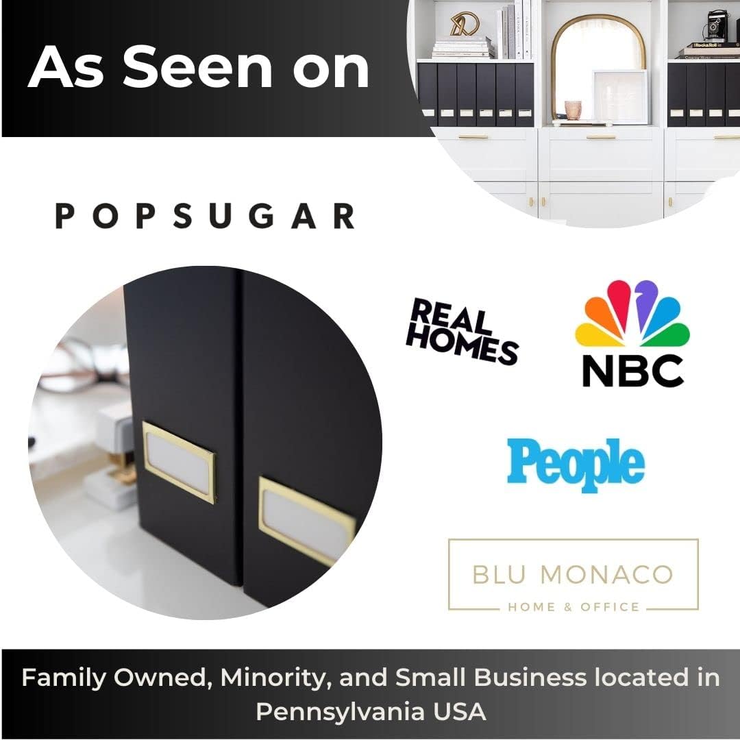 BLU MONACO Declutter in Style - Set of 6 Black Foldable Magazine File Holders with Gold Label Holders - Cardboard Magazine Storage Box & Desk Organizer for Workspace and Shelves