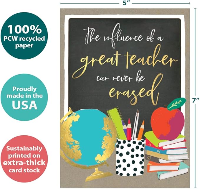 Tree-Free Greetings Teacher Appreciation Cards - Artful Designs - 1 Card + Matching Envelopes - Made in USA - 100% Recycled Paper - 5"x7" - Lighthearted, For Teacher, Never Be Erased (GO64415)