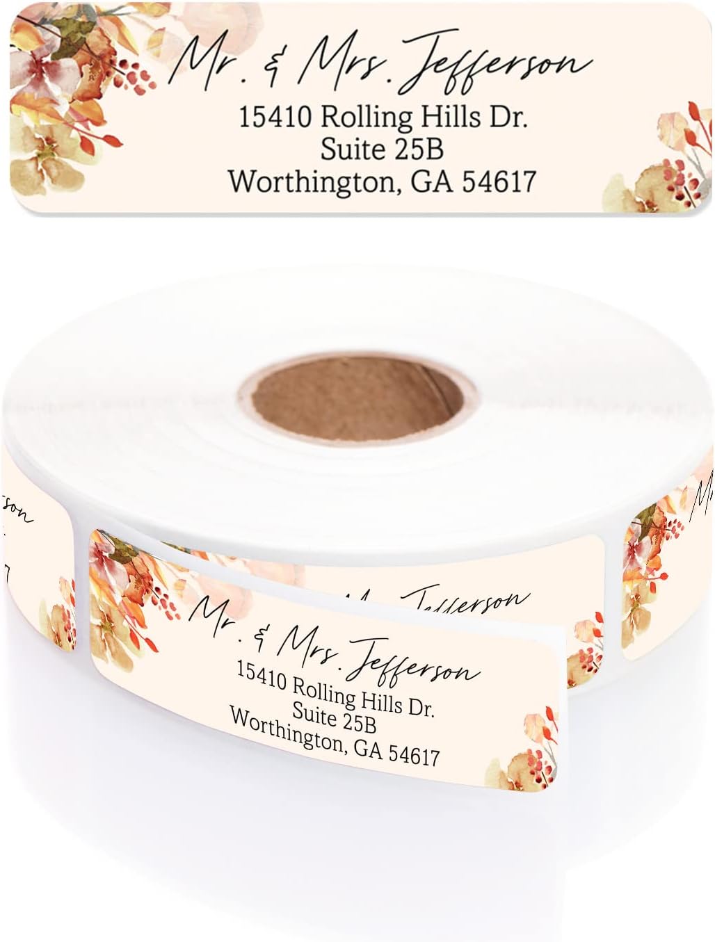 Rust Orange Floral Rolled Address Labels / 500 Personalized Return Address Labels/Designer Address Stickers in Elegant Plastic Dispenser