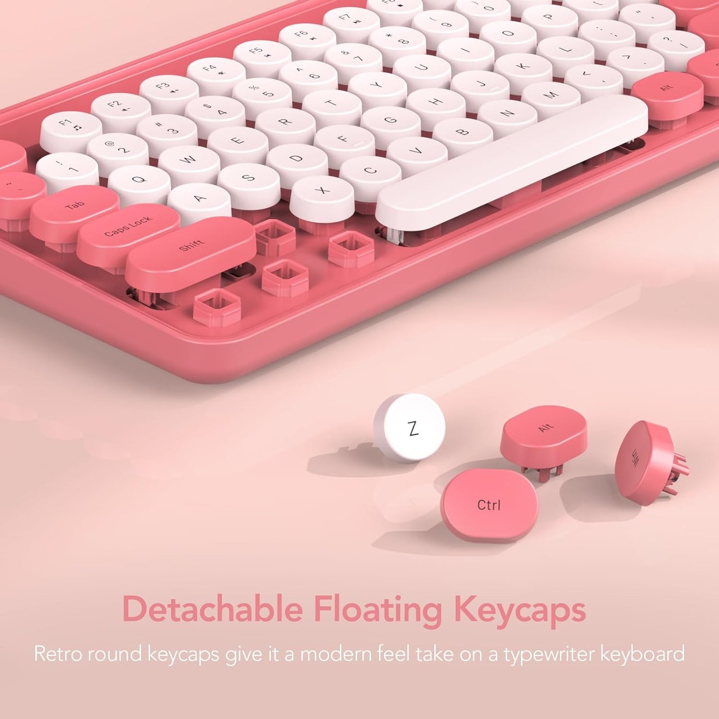 Wireless Keyboard and Mouse Combo, Retro Round Keycap Typewriter Keyboard with Phone/Tablet Holder, Cute Colorful Keyboard for Computer/Laptop/Windows by SABLUTE (Pink)