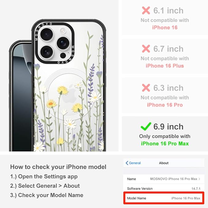 MOSNOVO Magnetic Case for iPhone 16 Pro Max, 10ft Military-Grade Protection, Compatible with Magsafe, Shockproof Phone Case for iPhone 16 Pro Max - Wild Meadow - Clear Black
