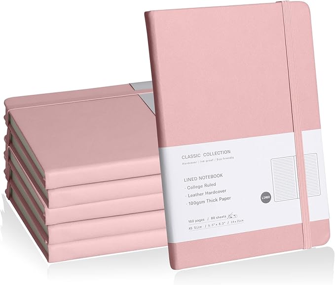 Lined Journal Notebook, 6Pack(pink), 160 Pages, Medium 5.7 inches x 8 inches - 100 gsm Thick Paper, Hardcover