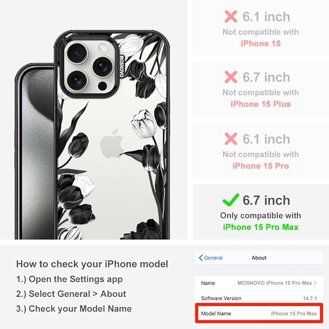 MOSNOVO Case for iPhone 15 Pro Max, [10ft 4X Military-Grade Drop Protection] Durable & Shockproof Phone Case Cover Design for iPhone 15 Pro Max - Black White Tulips - Clear Black