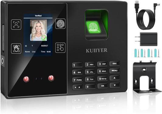 KUIIYER 4 in 1 Employee Time Clocks for Small Business (Face + Fingerprint + Palm Print + PIN) Employee Clock in & Out Machine Attendance Punch Clock