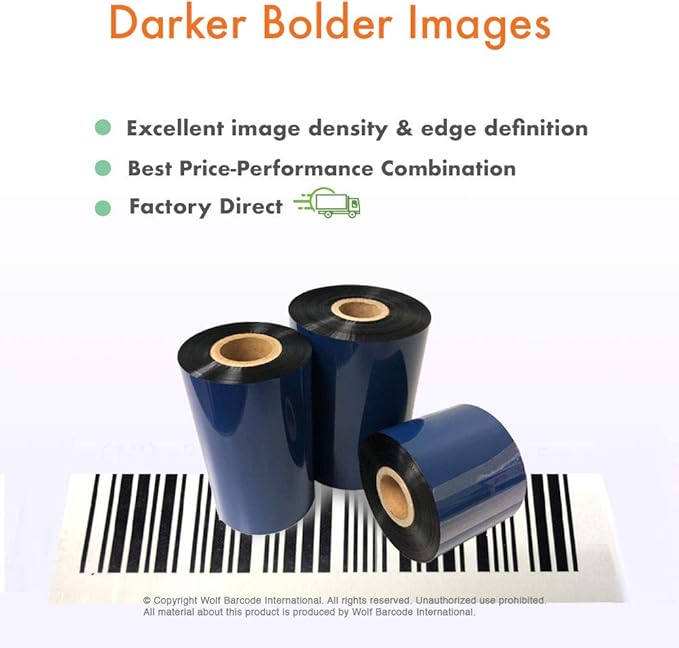 6 Rolls Wolfbarco 4.02" x 1476' (102mm x 450m) Black Premium Resin-Enhanced Wax Thermal Transfer Ribbon Compatible with Zebra,TEC, INTERMEC,Citizen,TSC,GODEX,ARGOX Printers