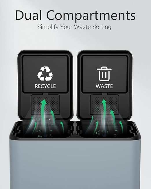 TLSUNNY Kitchen Dual Trash Can, 60L Hands-Free Stainless Steel Garbage Can, Classified Rubbish Bin with Double Compartments, Soft-Close Lid, Inner Bucket, Odor Control (60L) (Haze Blue)