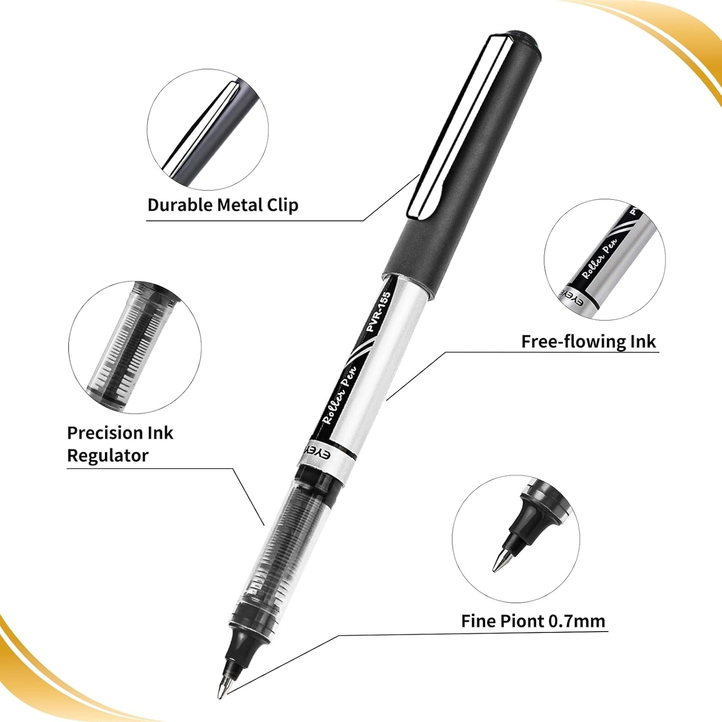 EYEYE Black Rollerball Pens 12 Pack, 0.7mm Medium Point Roller Ball Pen Quick Dry, Liquid Ink Pens Fine Point Smooth Writing Pen for Journaling, Note Taking, Office, School Supplies
