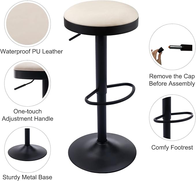 Round Swivel Counter Height Bar Stools Set of 4 Modern Adjustable Barstools Backless PU Leather Bar Chairs Industrial Island Chairs with Metal Base/Footrest for Kitchen Island/Pub/Bar, Beige