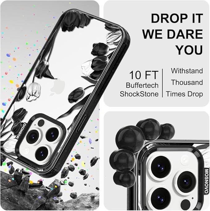 MOSNOVO Case for iPhone 14 Pro, [10ft 4X Military-Grade Drop Protection] Durable & Shockproof Phone Case Cover Design for iPhone 14 Pro - Black White Tulips - Clear Black