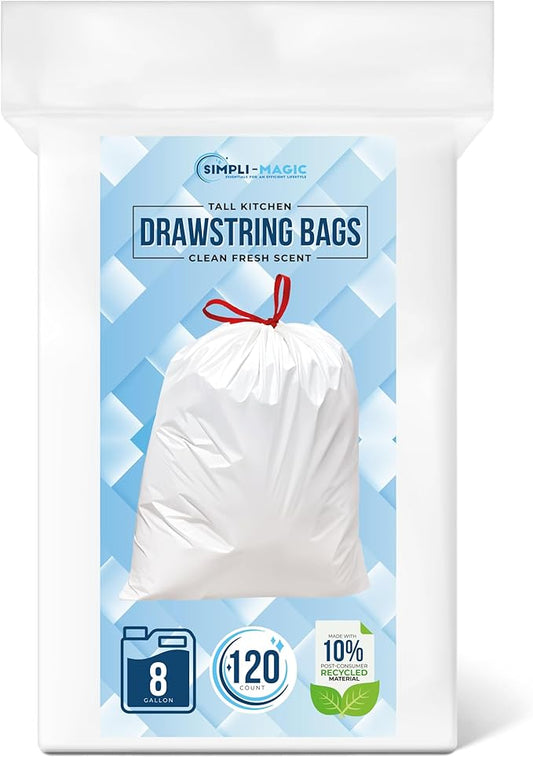 SIMPLI-MAGIC 8 Gallon Drawstring Trash Bags, 120 Pack – Tall Kitchen Garbage Bags, Custom Made with Premium Materials (White)