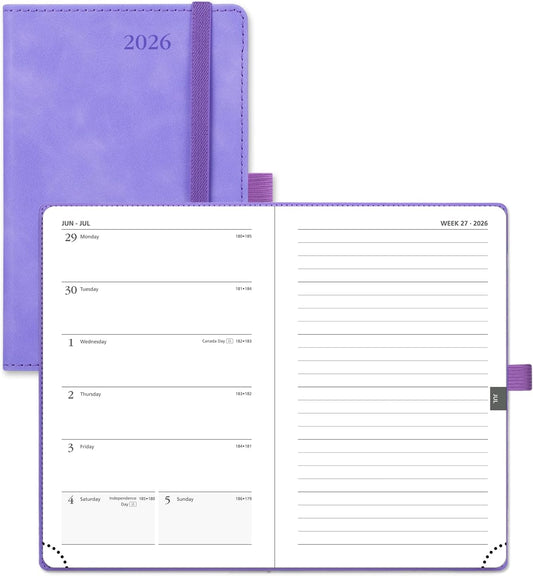 POPRUN Weekly Planner 2026 Pocket Size Calendar (4" x 6.25") 12 Months Notebook with Horizontal Layout, Leather Soft Cover, Inner Pocket, 100GSM Thick Paper, Pen Holder - Lilac