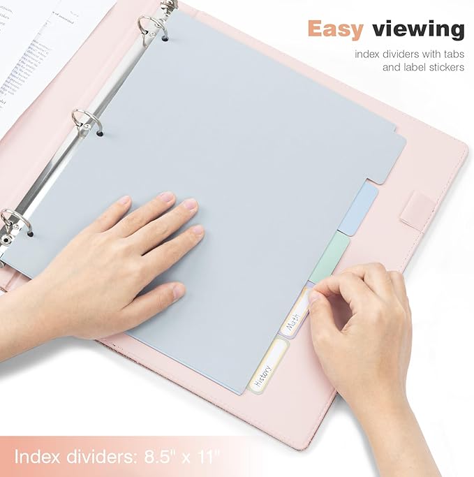 Ospelelf 3 Ring Binder 1 Inch, Vintage Leather Clipboard Binder Organizer for Letter Size (8.5" x 11"), Professional Binder Organizer Dividers with 5 Tabs, Rose Gold