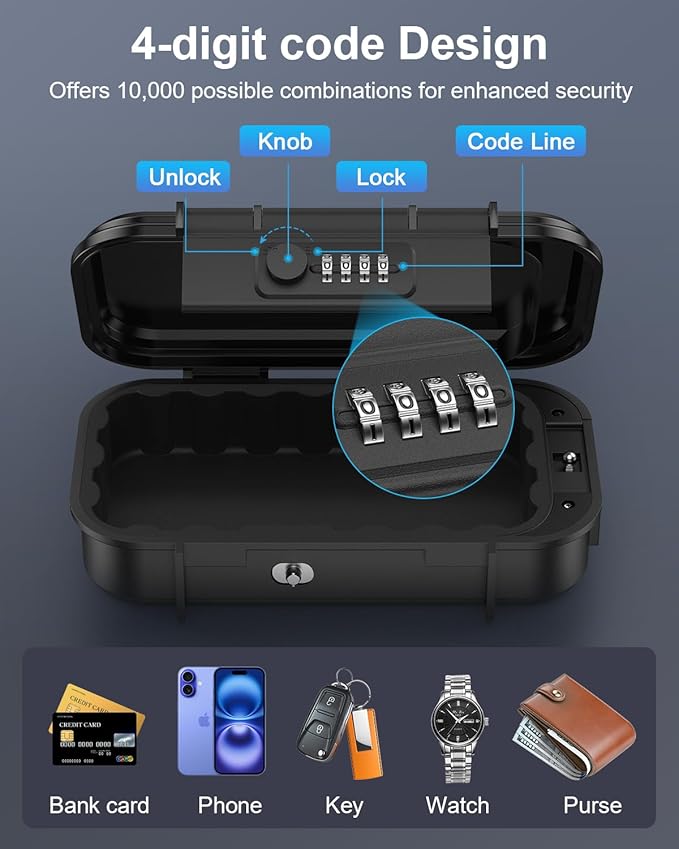 Portable Lock Box, Temracha 4-Digit Combination Lock Box for Travel, Anti-Theft Small Safe Box with Removable Chain, Personal Cash Box for Gym, Hotel, Dorm, Travel