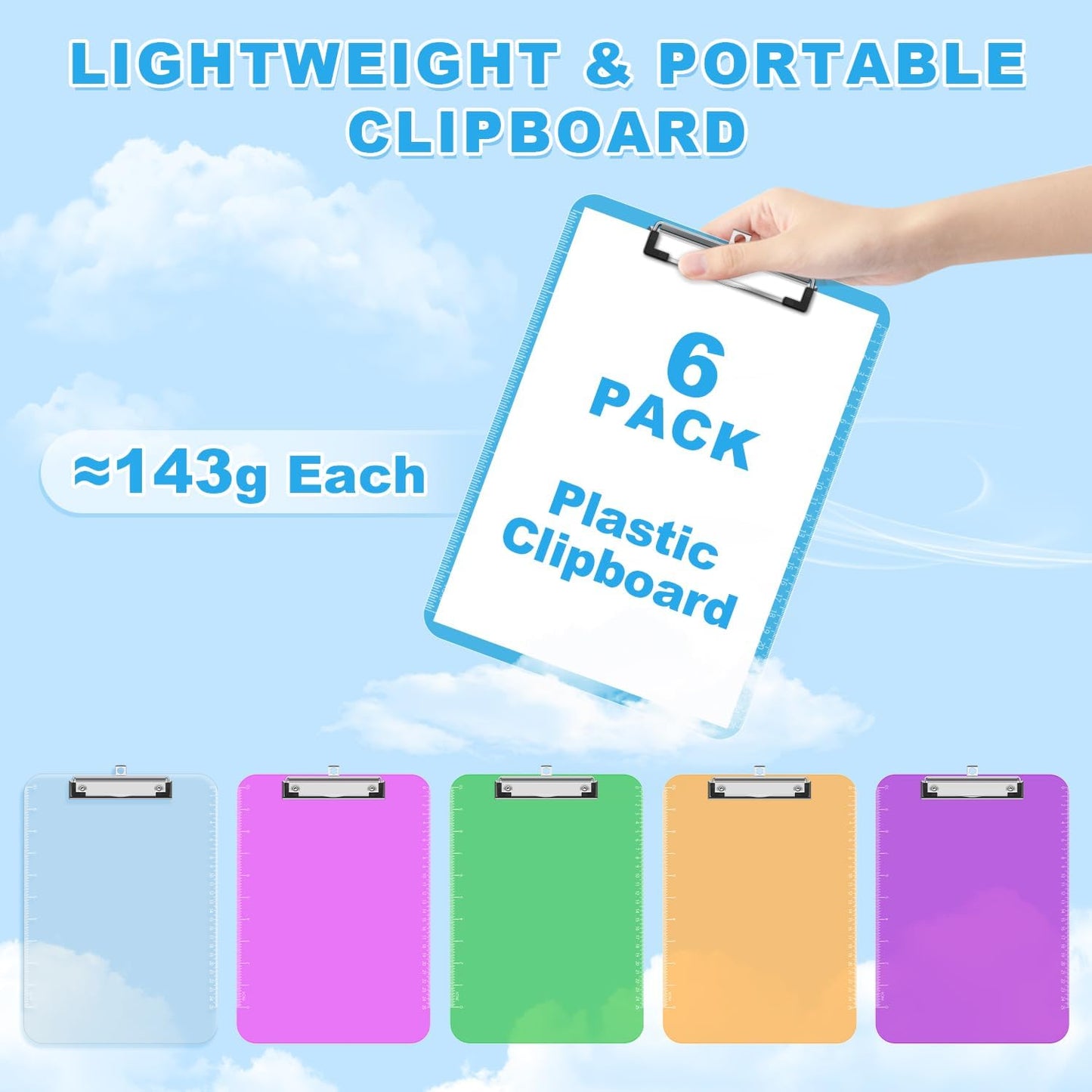 TOTiyea Clipboard (Set of 6), 12.5 x 9 Inch Multi Color, Plastic Clipboard with Low Profile Clip, 75 Sheets Capacity, Standard Letter Size A4