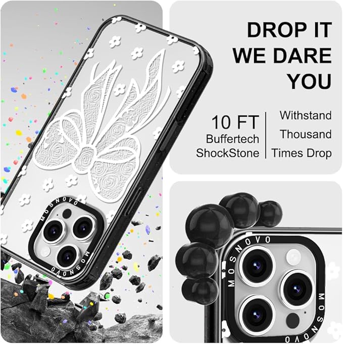 MOSNOVO Case for iPhone 16 Pro Max, [10ft 4X Military-Grade Drop Protection] Durable & Shockproof Phone Case Cover Design for iPhone 16 Pro Max - Lacey Bow - Clear Black