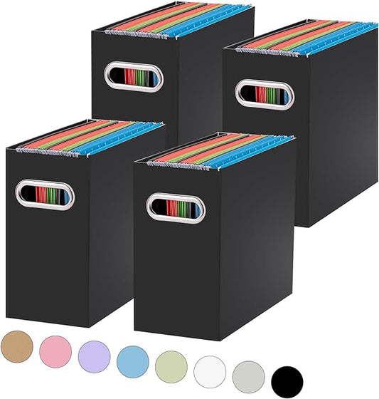 Oterri File Organizer, 4 Packs Small Storage Box, Cardboard File Folder Organizer, Collapsible File Box, Hanging File Organizer for Letter Size, Portable File Box with Handle, Only Box（Black）