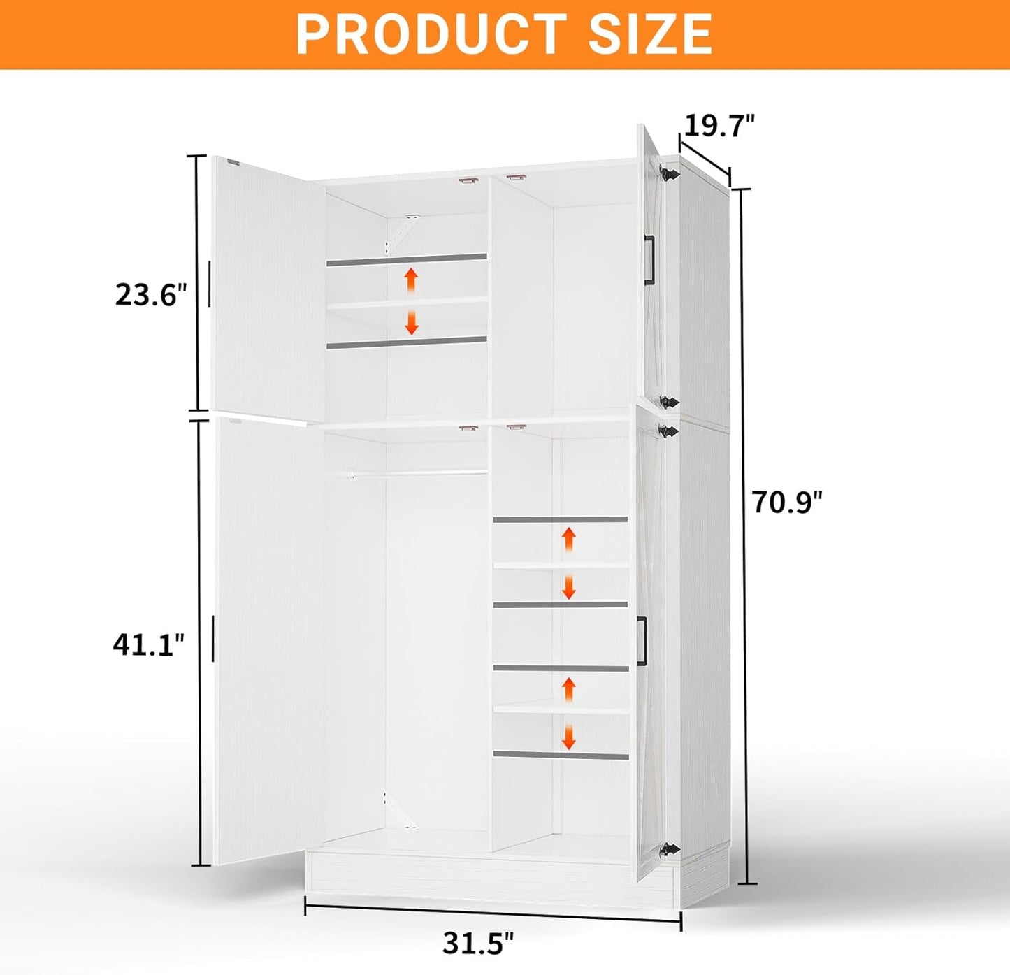 Unikito 71'' Farmhouse Wardrobe Closet with Hanging Rod, 4 Barn Door Clothing Storage Cabinet with Adjustable Shelves, Freestanding Wardrobe Cabinet for Bedroom, Living Room, Cloak Room, Office, White