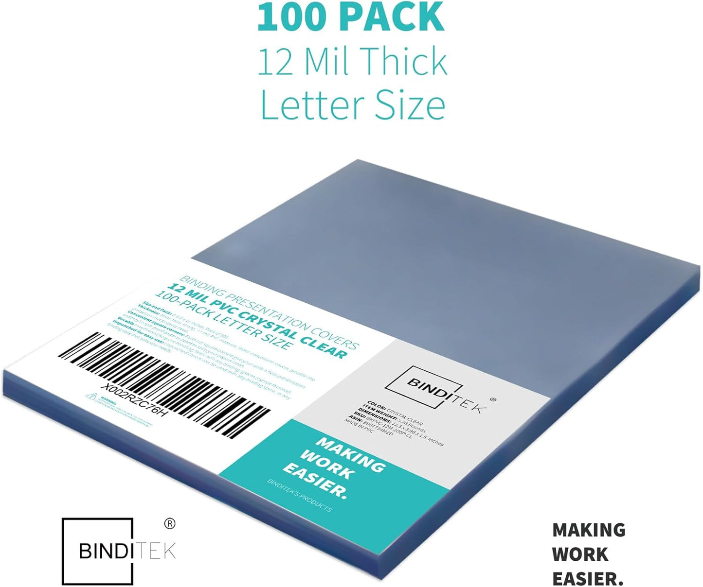 Binditek 100 Pack 12 Mil PVC Plastic Binding Covers, 8.5 x 11 Inches, Letter Size, Square Corners, Un-Punched, Office Supplies