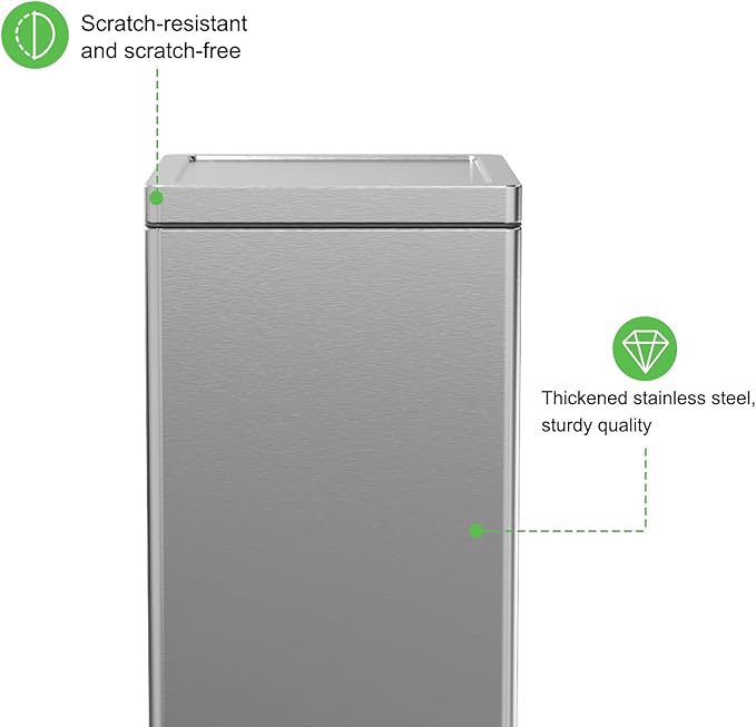 Trash Can with Lid - 30 Liter/8 Gallon Square Stainless Steel Trash Can with Odor Protection Kitchen Garbage Cans with Soft-Close Foot Pedal Step Bin for Bathroom Home Office Silver
